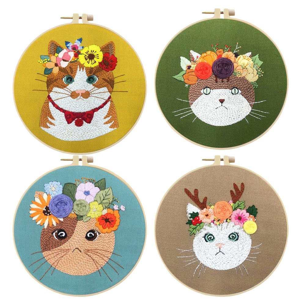 Cat Flower Stamped Cross Stitch Embroidery Kits with Hoop Cloth Color Thread