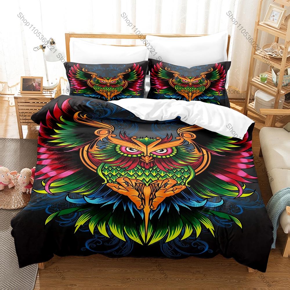 Cool Owl Minimalist Wildlife Nocturnal Bird Vintage Cartoon Animal Art HD Print Bedding Set Duvet Cover + 2 Pillowcases Animal