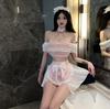 Cosplay Sexy Maid Clothes White White Pink Sheer Extreme Exposed Shoulder Ruffles Sexy Erotic Apron Halloween Costume Cute Ladies Photo Session Event