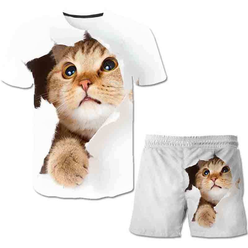 

Повседневный комплект с принтом кота для девочек, летние модные шорты с короткими рукавами и принтом в виде мультфильма, комплекты одежды для девочек с 3D-принтом 160