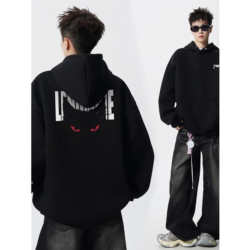 Men's Autumn American Brand Devil Cat Print Hoodie, Heavyweight & Trendy Stiff Sweatshirt, Cleanfit Base Layer.