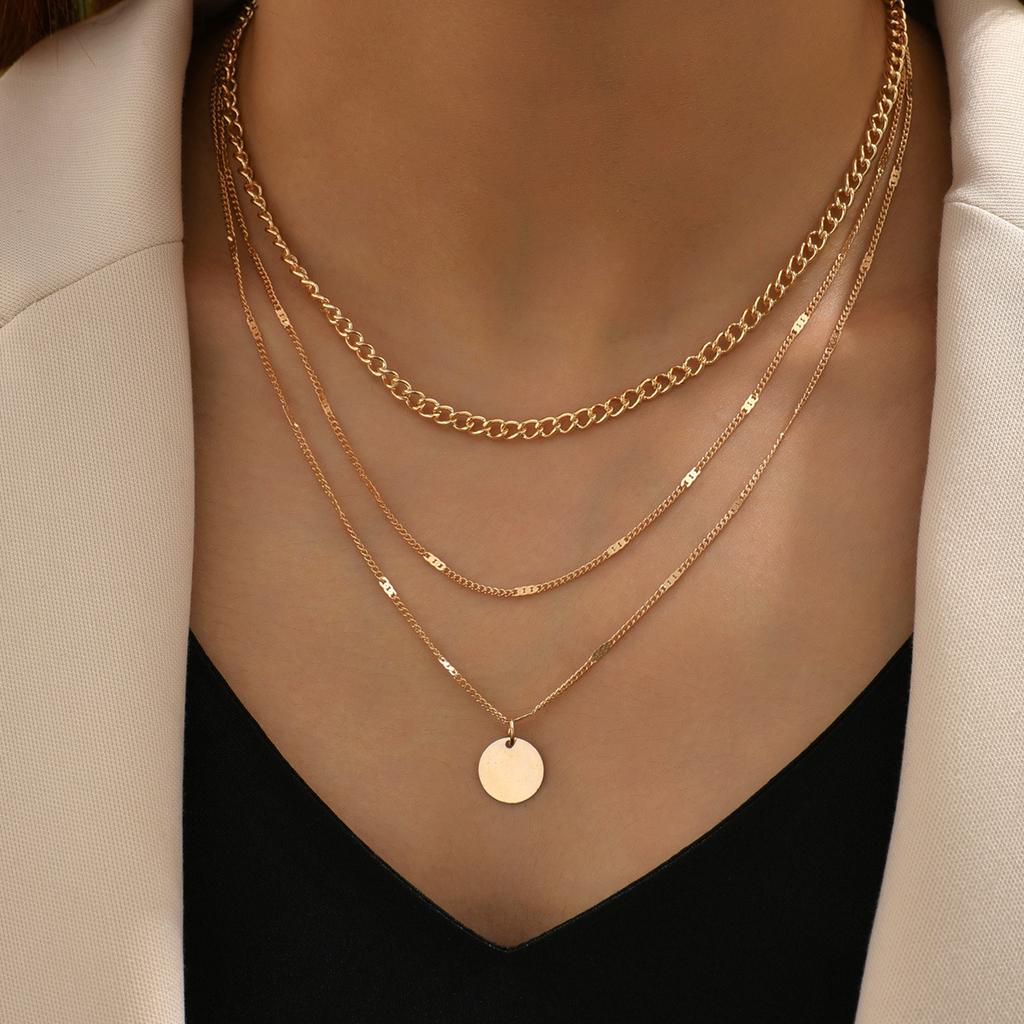 Stainless Steel Three Layer Round Pendant Necklace for Women Fashion Simple Flat Snake Chain Beads Jewelry Party Gift