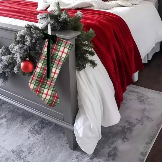 Christmas Stockings with Hanger Bowknot Plush Balls Decor Striped Print Candy Holder Festive Tree Decoration
