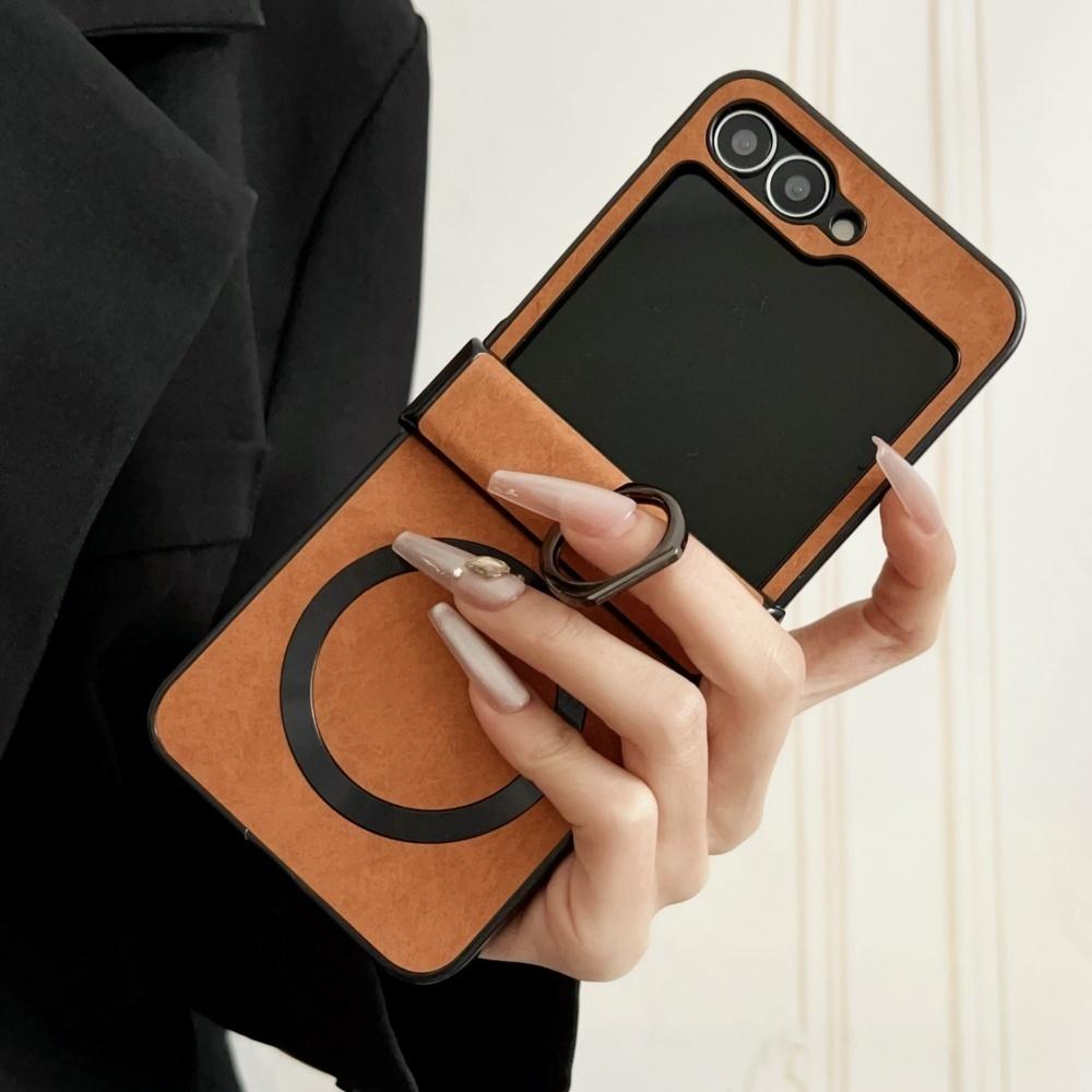 Luxury Ring Stand Holder Leather Hinge Case For Samsung Galaxy Z Flip 6 5 4 3 5G Magnetic Wireless Charge Shockproof Soft Cover