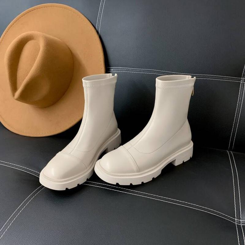 Autumn and Winter Women's Round Head Leather Martin Boots Solid Color Medium Heel Large Size Women's Boots Square Heel Comfortable Back Zipper Medium