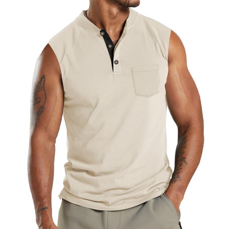 Men's Sleeveless Men's V-neck Button Sport Breathable Wide Shoulder Man T-shirt