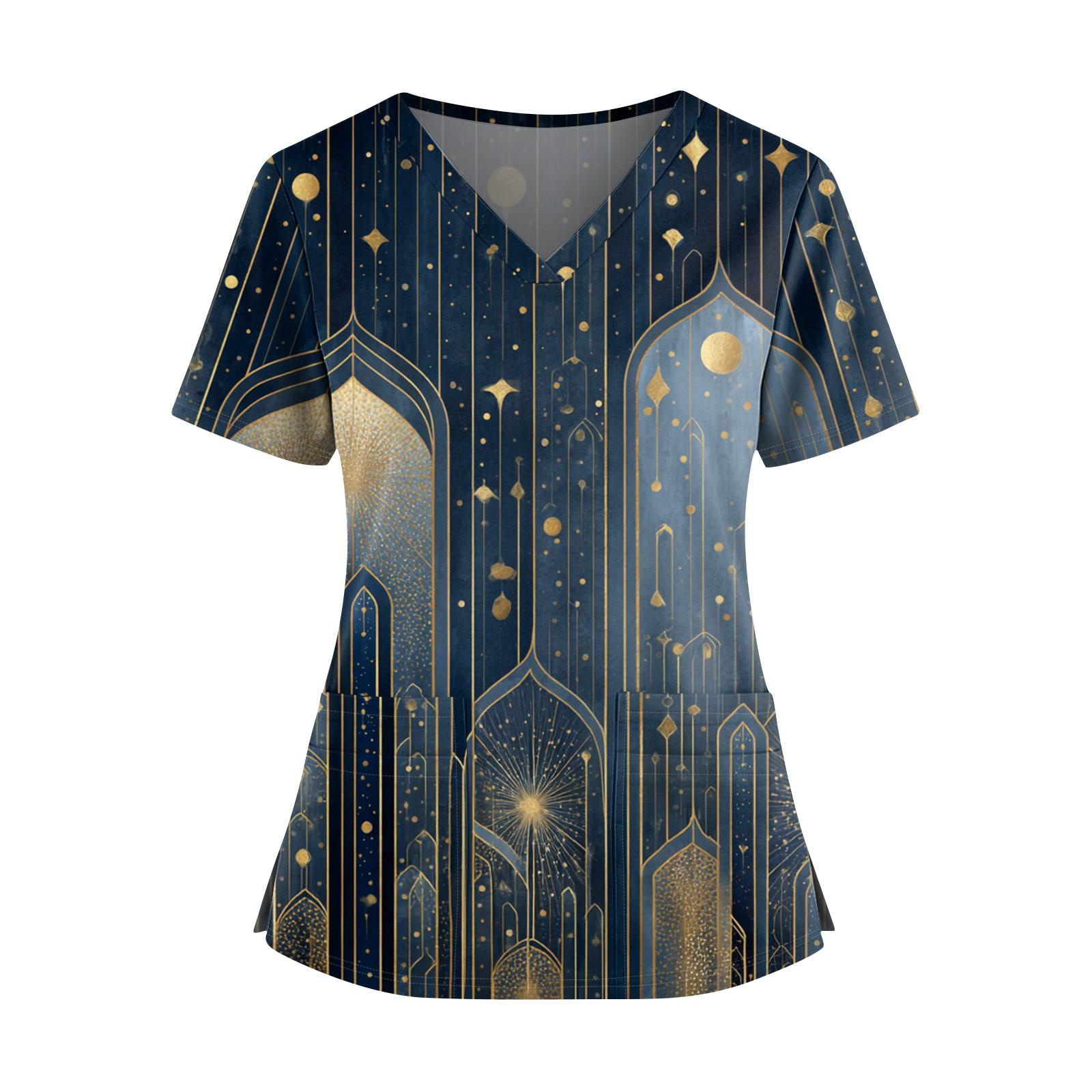 

Ladies Fashionable Floral Print V-neck Double Pocket Short Sleeved Shirt With Slit Hem And Protective Worker s Top XXXL Темно-синій