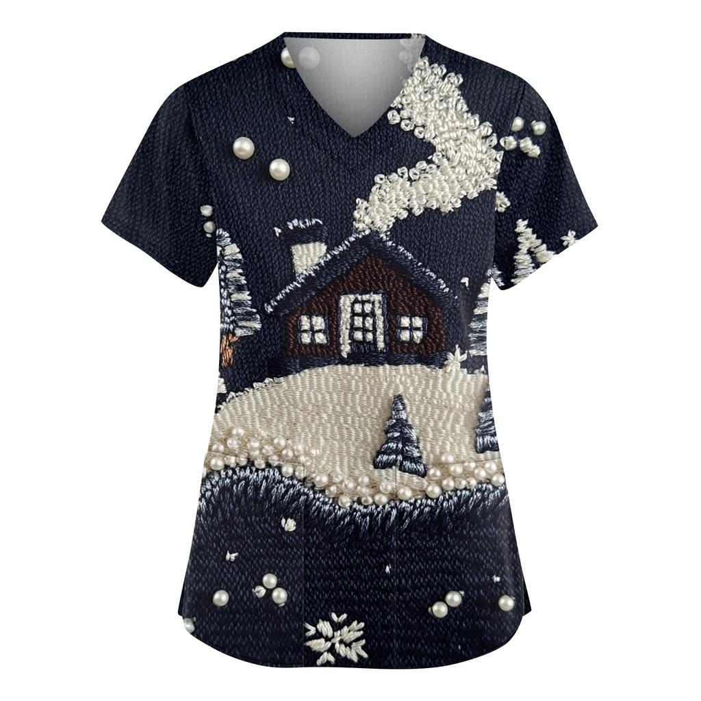 Women's Fashionable V-neck Workwear Christmas Printed Short Sleeved Pocket Side Slit Workwear Basic Pullover Top