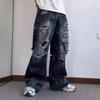 Amerikanische High-Street-Tinte zerrissene Jeans Herren und Damen Street Trendmarke schwere Industrie gewaschen gebraten Street locker Weitbein Gerade Bein Hose