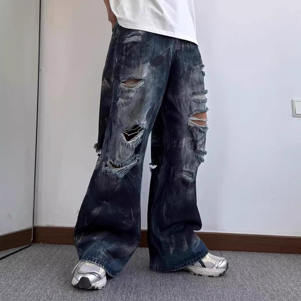 American high street inkjet ripped jeans men's and women's street trendy brand heavy industry washed fried street loose wide-leg straight-leg pants