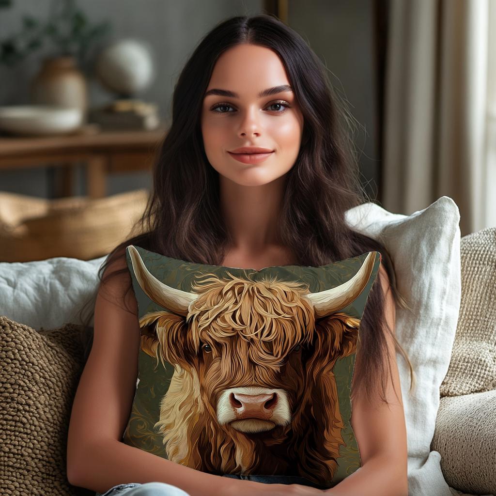 Highland Cow Hugging Pillowcase, Abstract Floral Print, Nordic Countryside Style, Cushion Cover, Living Room Sofa Decoration