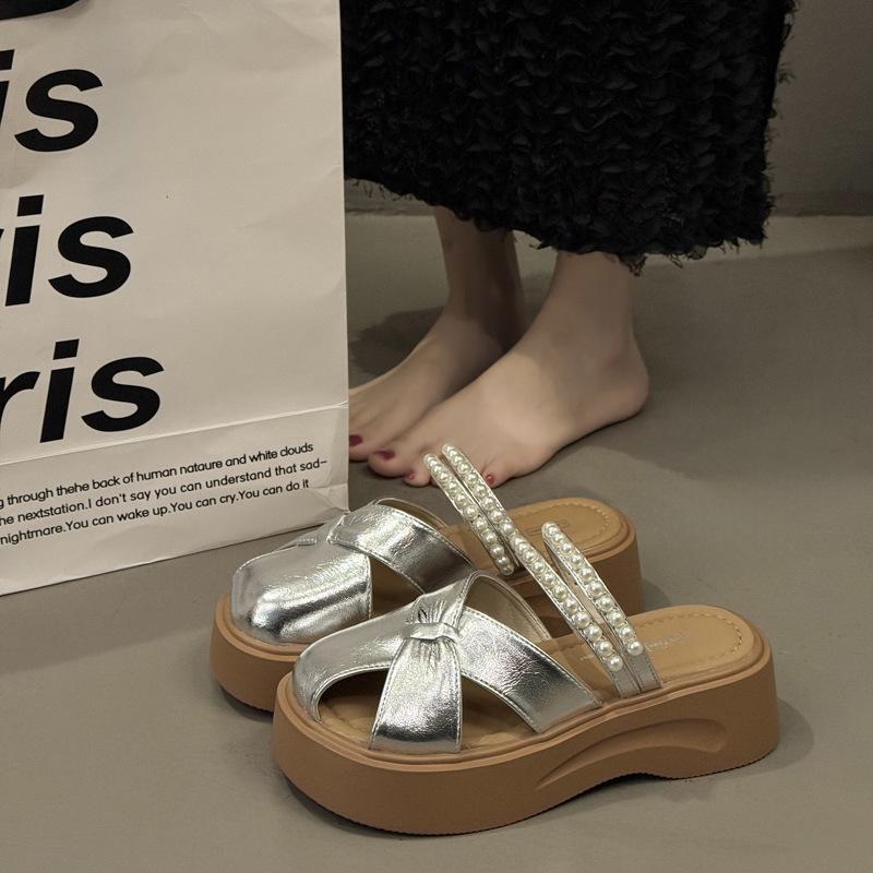 Fashion platform slippers fairy wind pearl bag head cool summer retro beach shoes soft sole bow Roman sandals