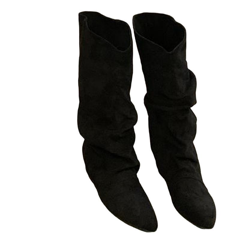 Inner height increase apricot suede pile medium tube knight boots women's shoes 2025 spring, autumn and winter pointed retro long boots