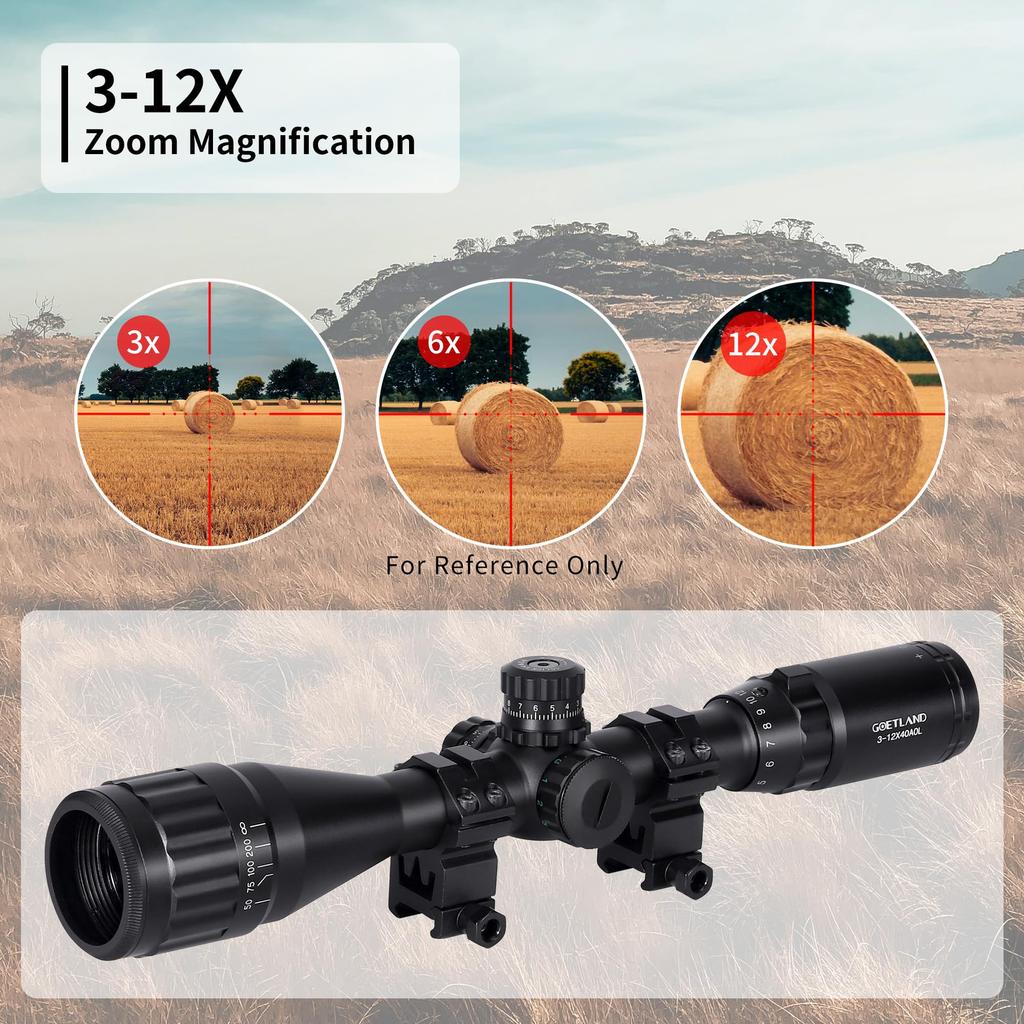Goetland 3-12x40 AO Riflescope with Variable Magnification, Red, Green, and Blue Illuminated Reticle and Crosshairs, SFP Optical Sight for Airsoft,