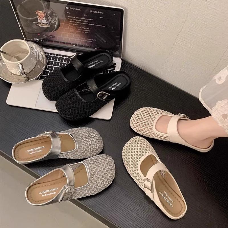Flat Bottom Hollow Breathable Half Support with Skirt Sandals New Mesh Bag Head Half Slippers Women's Summer Wear