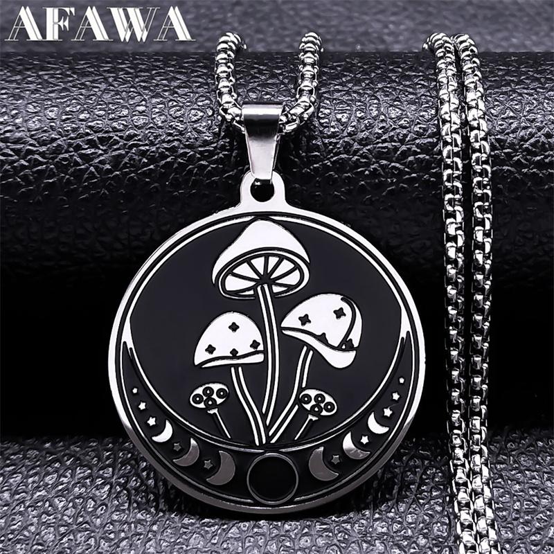 Witch Mushroom Star Triple Moon Phases Necklace for Women/Men Stainless Steel Wicca Pagan Chain Necklaces Gothic Jewelry Collar