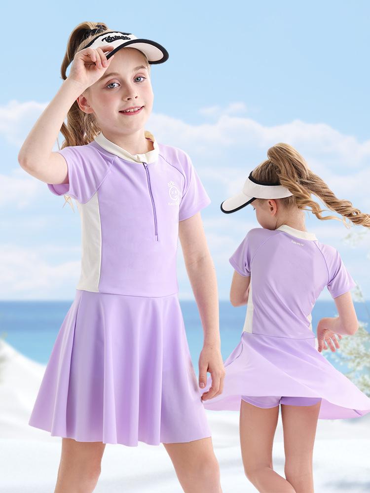 2026 Girls' One-Piece Swimsuit: Sun Protection, Quick-Dry, Short-Sleeve Swimwear for Medium & Large Children