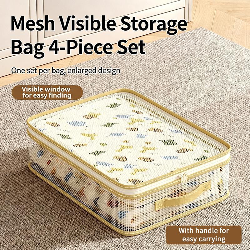 1/4Pcs Large Capacity Mesh Zipper Storage Bag - Clothing Household Bedding Four Piece Set Storage Bag, Clothing Organizing Box