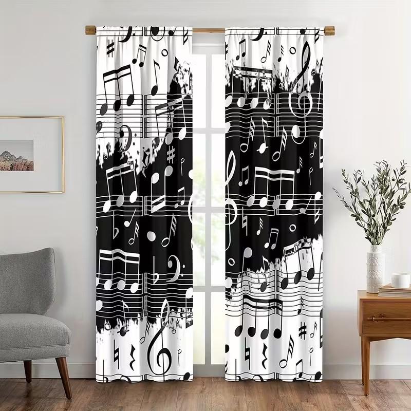 Tonnika Chen Set Of 2 Musical Note Pattern Curtain Drapes Polyester Fabric Living Room Bedroom Window Decor Curtains Darkening Made Sitting Treatment
