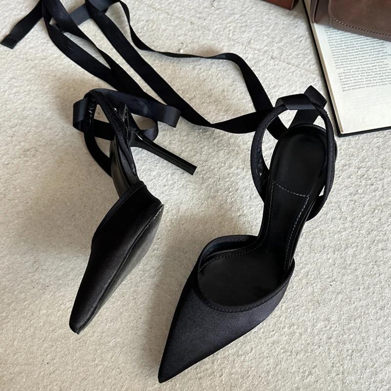 Pesstwei Fashion Slingback Ankle Lace-up Mules Women Pumps Sexy Thin High Heels Pointed Toe Banquet Stripper Shoes