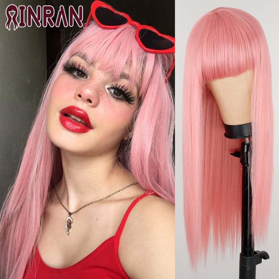 XINRAN Lange gerade weinrote Perücke mit Pony, synthetische Perücken für Frauen, hitzebeständiges Naturhaar für die tägliche Halloween-Cosplay-Party