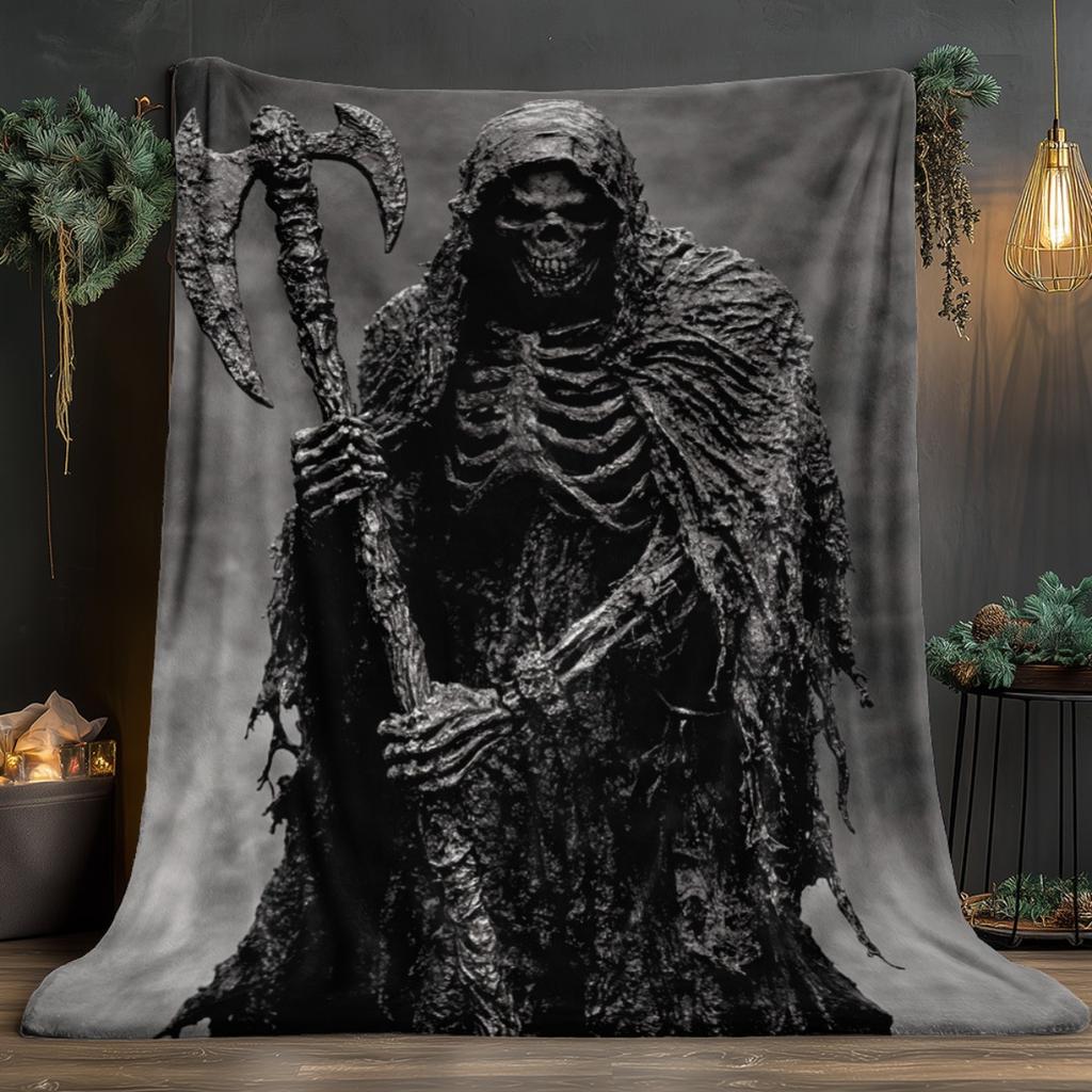 Grim Reaper Skeleton Dark Fantasy Fleece Blanket Horror Theme Soft Warm Throw Blanket for Halloween Fans Bedroom Decor Gift