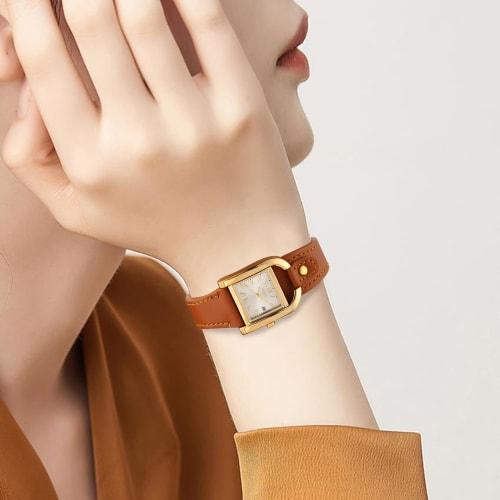 BUREI Women's Watch, Stylish, Simple, Cute, Quartz, Waterproof, Analog, Gold Square Dial, Roman Numerals, Brown Leather Strap, Commuter, Business, Cas