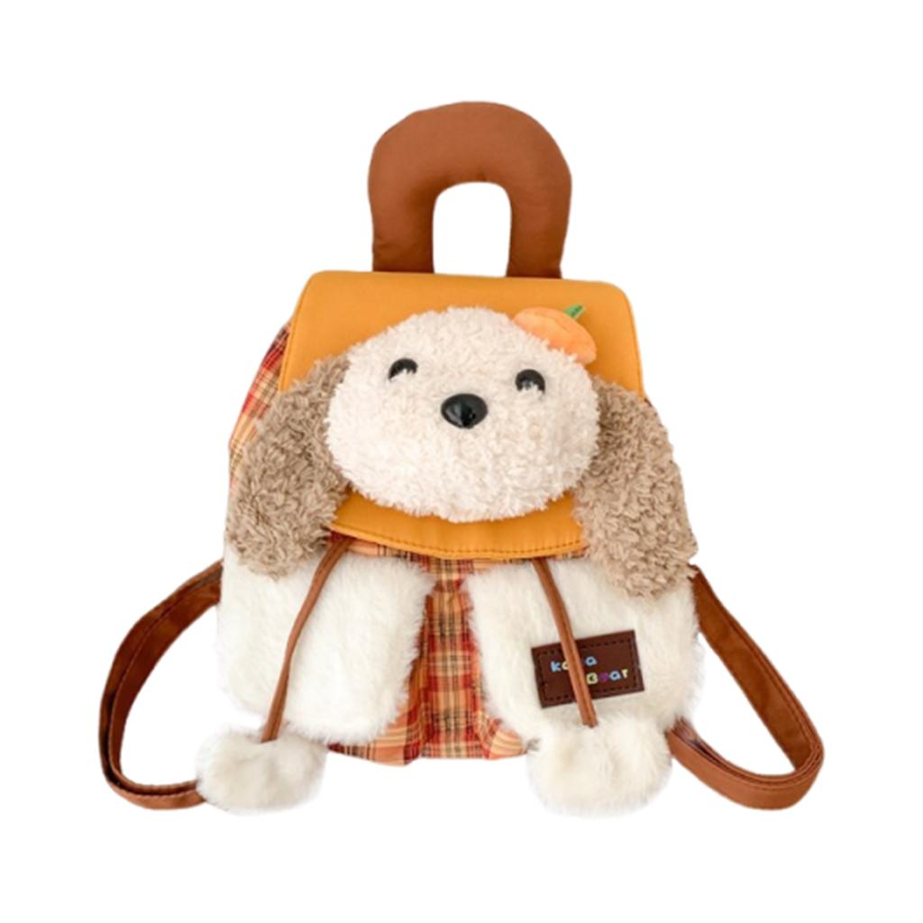 Plush Puppy Flap Backpack Drawstring Casual Grid Pattern Backpacks Cartoon Plaid Shoulder Bag Outdoor Travel Date Backpacks