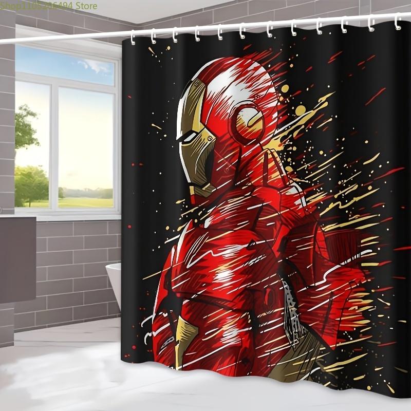 1pc Marvel Iron for Man Shower Curtain - Waterproof Polyester, Cartoon Design with 12 Hooks, Machine Washable, Ideal for Home
