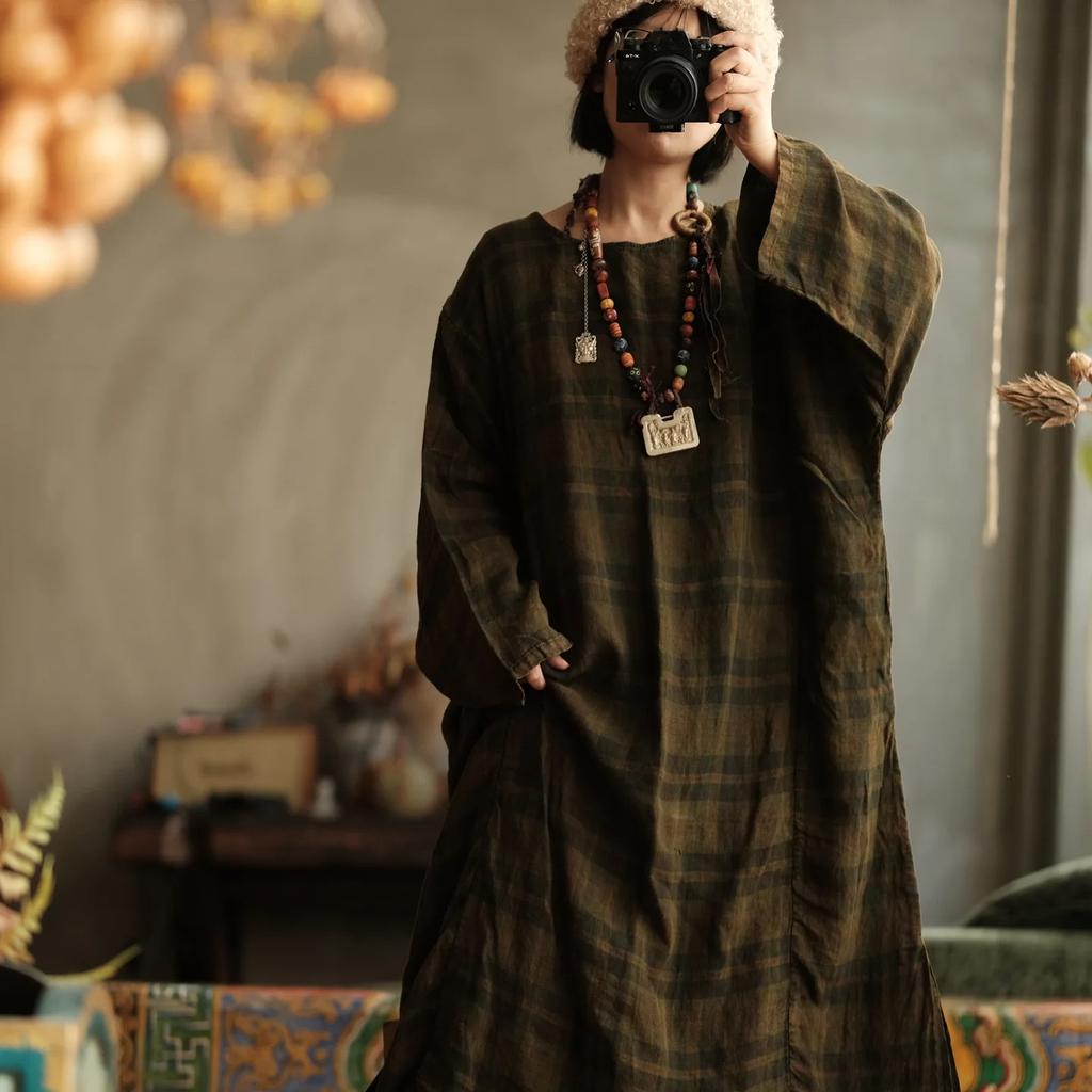 Johnature Damen Vintage Winter Grünes Gestreiftes Kleid O-Ausschnitt Langarm Locker Hohe Qualität Damenkleid