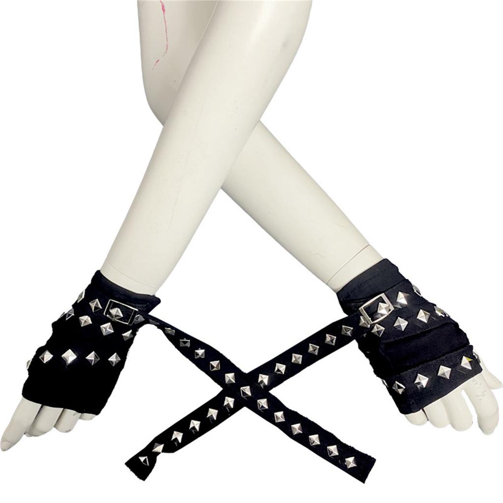 1pair Women Punk Mittens Rivet Ribbons Streetwear Sleeves Half Finger Sleeve for Riding and Music Festivals