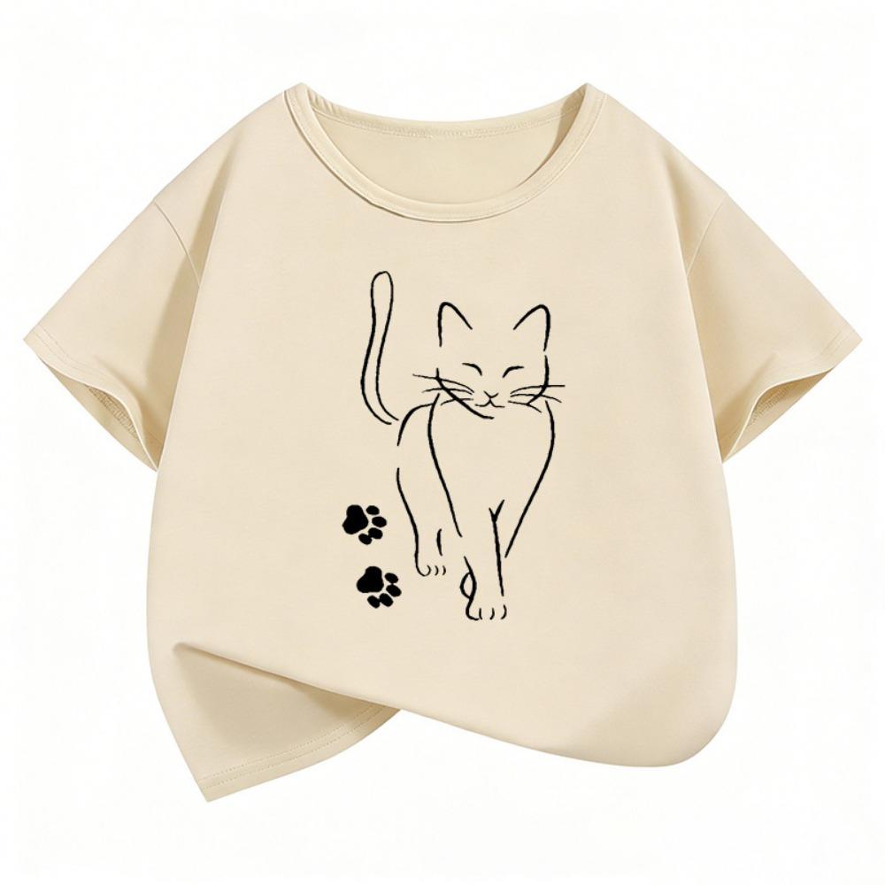 Cute Cat with Paw Kids Tshirts Summer Short Sleeve Tees Cartoon Boys Girls Clothes Kawaii Kitten Tops Y2K Children T-shirt