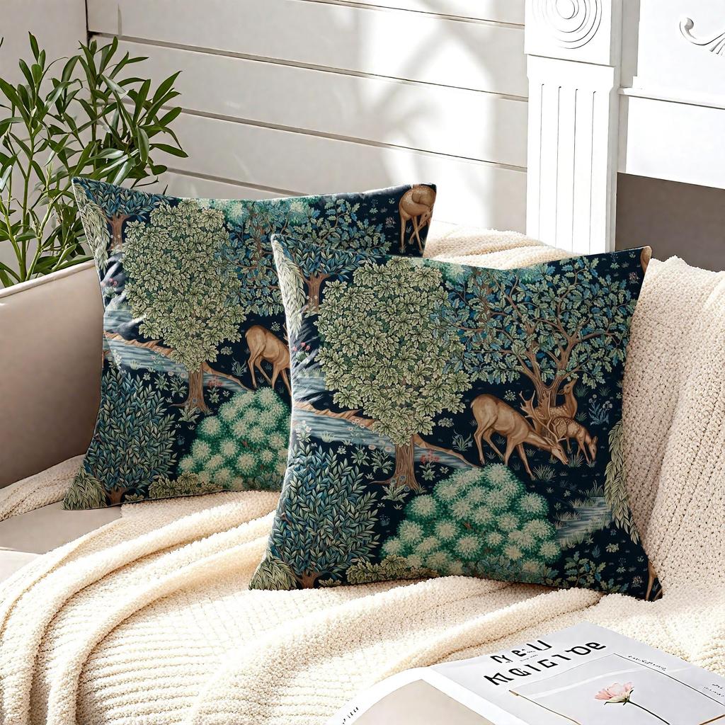2 Pack Dark Teal Deer Forest Pillow Covers Double Sided Print William Morris Botanical Cushion Cases Home Decor