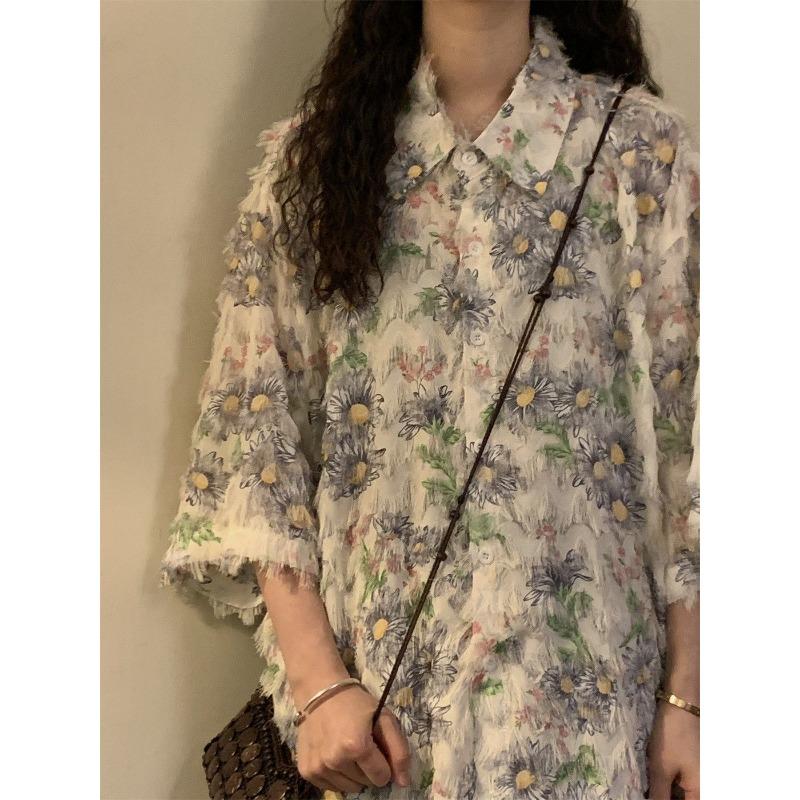 Women's Thin Tassel Short Sleeved Blouses Loose American Retro Casual Blouse Female's Summer Turn-down Collar Clothing