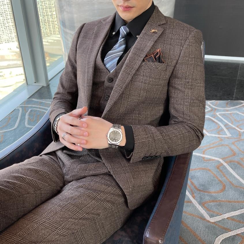 Britischer Koreanischer Stil Hochwertiger Modifizierter Karodrei-Teiler für Herren - Stilvolles Business Casual Anzugweste und Hosen Set