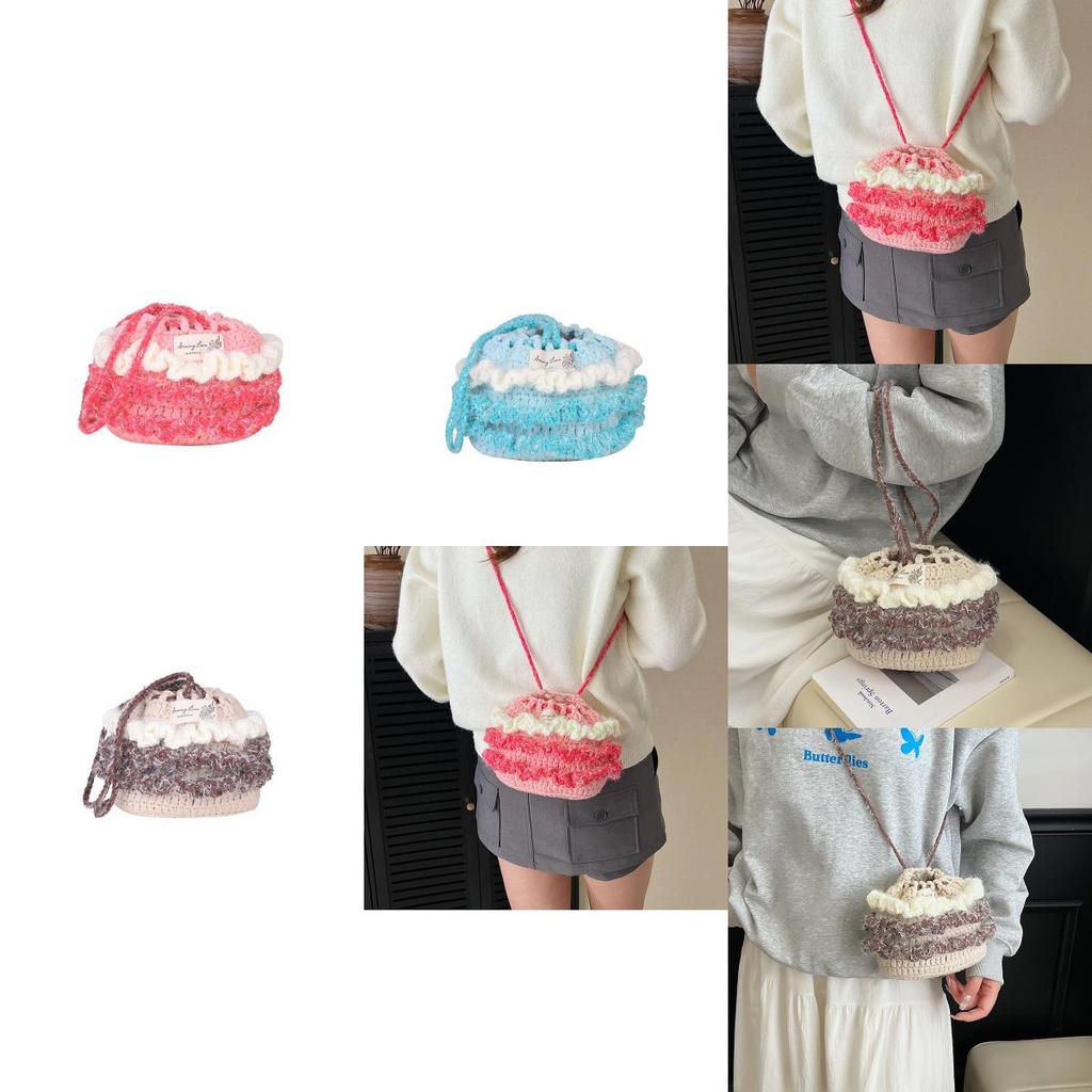 Cotton Linen Knitting Water Bucket Style Shoulder Bag For Kids And Teens