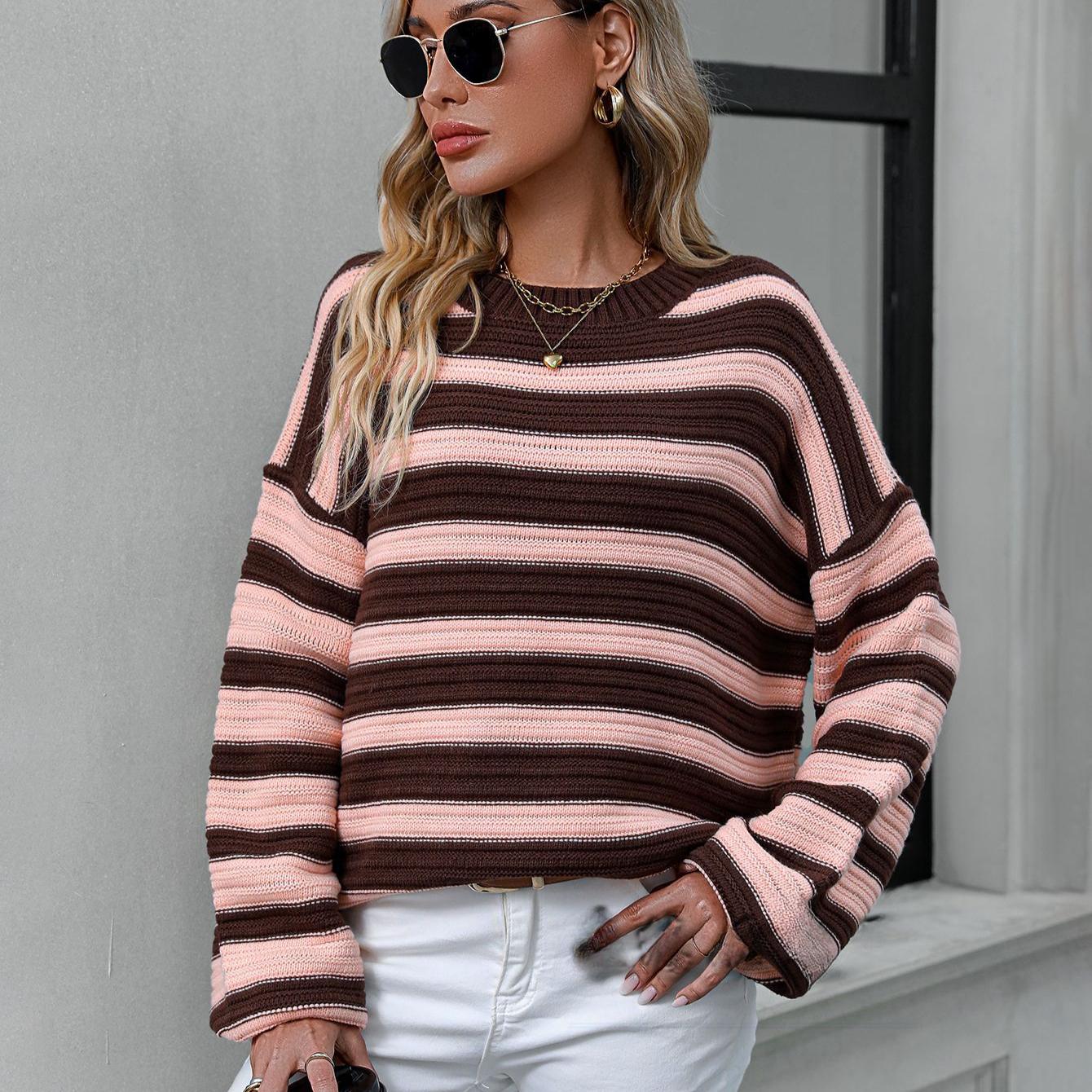 Большой размер осень и зима женский полосатый трикотаж плюс размер вязаный круглый вырез свитер S кофейный