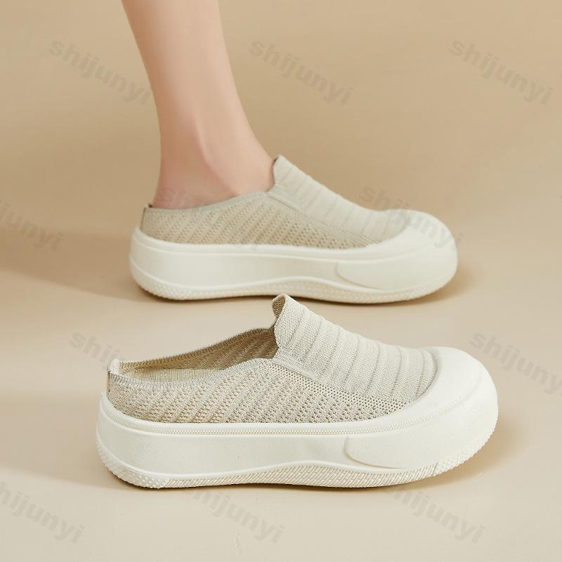 Fashion Fly Weave Women Half Slippers 2025 Summer New Breathable Slip on Casual Shoes Comfortable Height Increase Non Slip Fishing Shoes