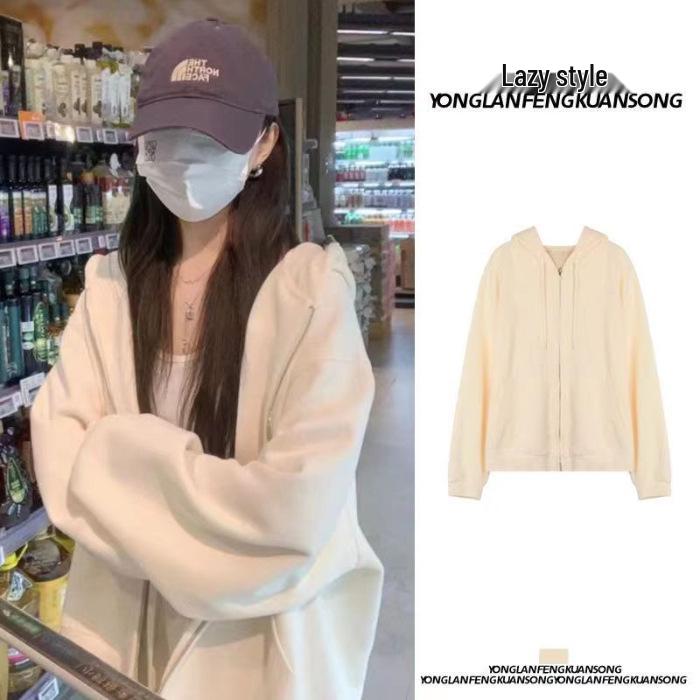 Felpa con cappuccio e zip foderata in pile da donna - Stile coreano pigro, Cardigan spesso per la primavera e l'autunno 2024.