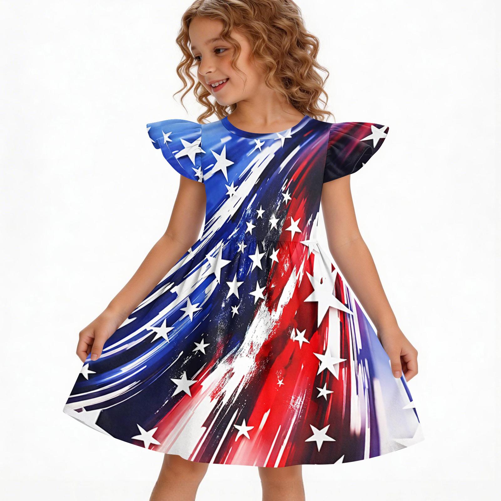 Girls  Summer Princess Dress - A-Line Casual Print Dress 110 синий