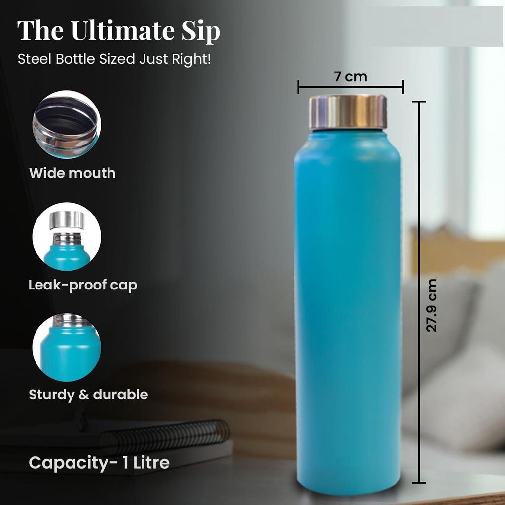 Water Bottle (1 Litre, Premium Stainless Steel, Aqua Blue) Bottle for Fridge, School, Outdoor, Gym, Home and Office,  Non-Toxic, Easy-to-Clean