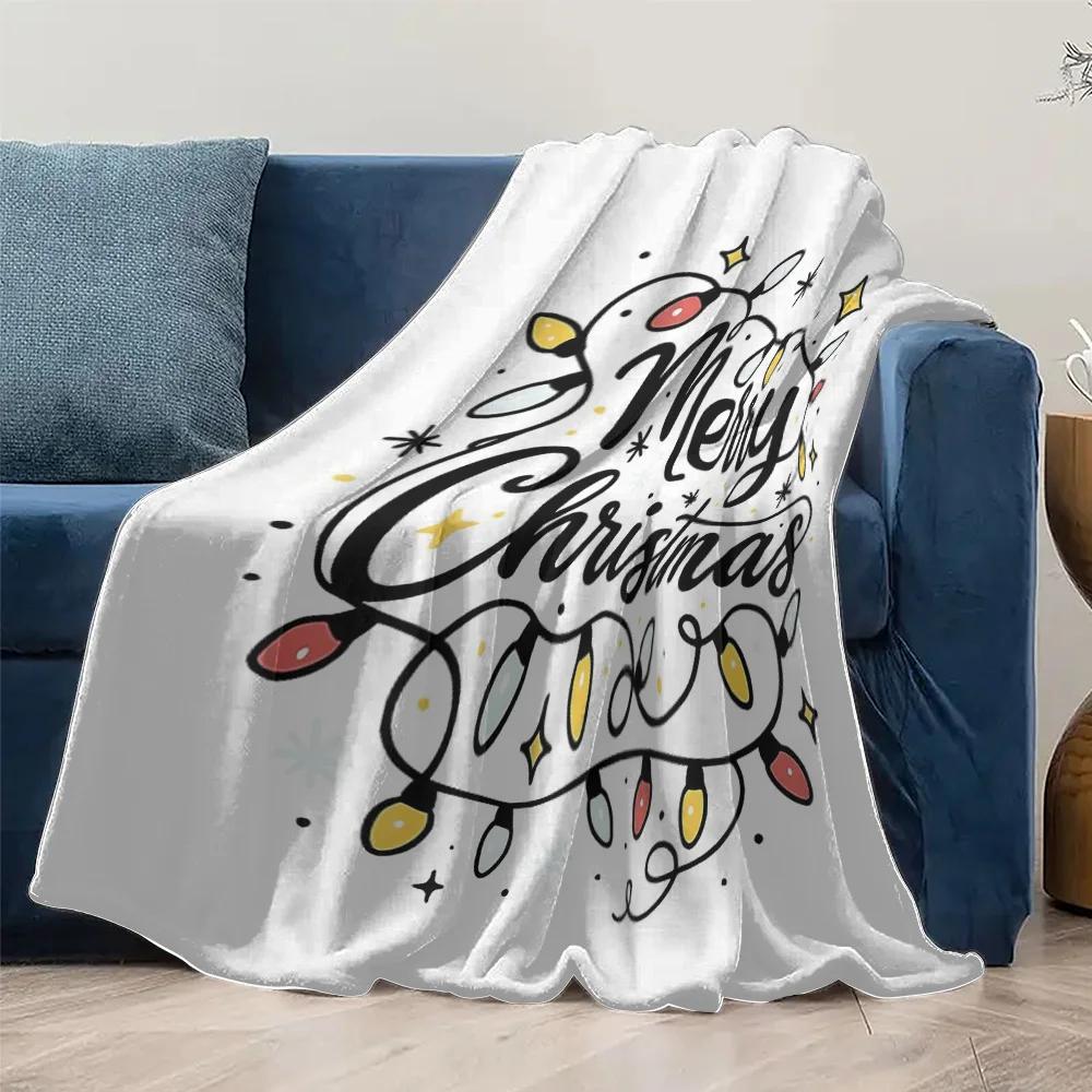 Handwritten Merry Christmas Fleece Blanket, Colorful Bulb and Star Pattern, Cozy White Throw for Holiday Couch Decor