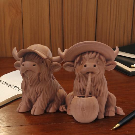 Rustic Highland Cow Ornament, Terracotta Color 3D Printed Cow Statue, Cute Highland Cow Figurine for Home Desk Shelf Farmhouse Decor