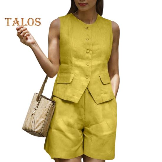 

2 шт./комплект женский летний наряд круглый вырез без рукавов пуговицы планка жилет высокая талия шорты комплект пригородный стиль официальная одежда S жёлтый