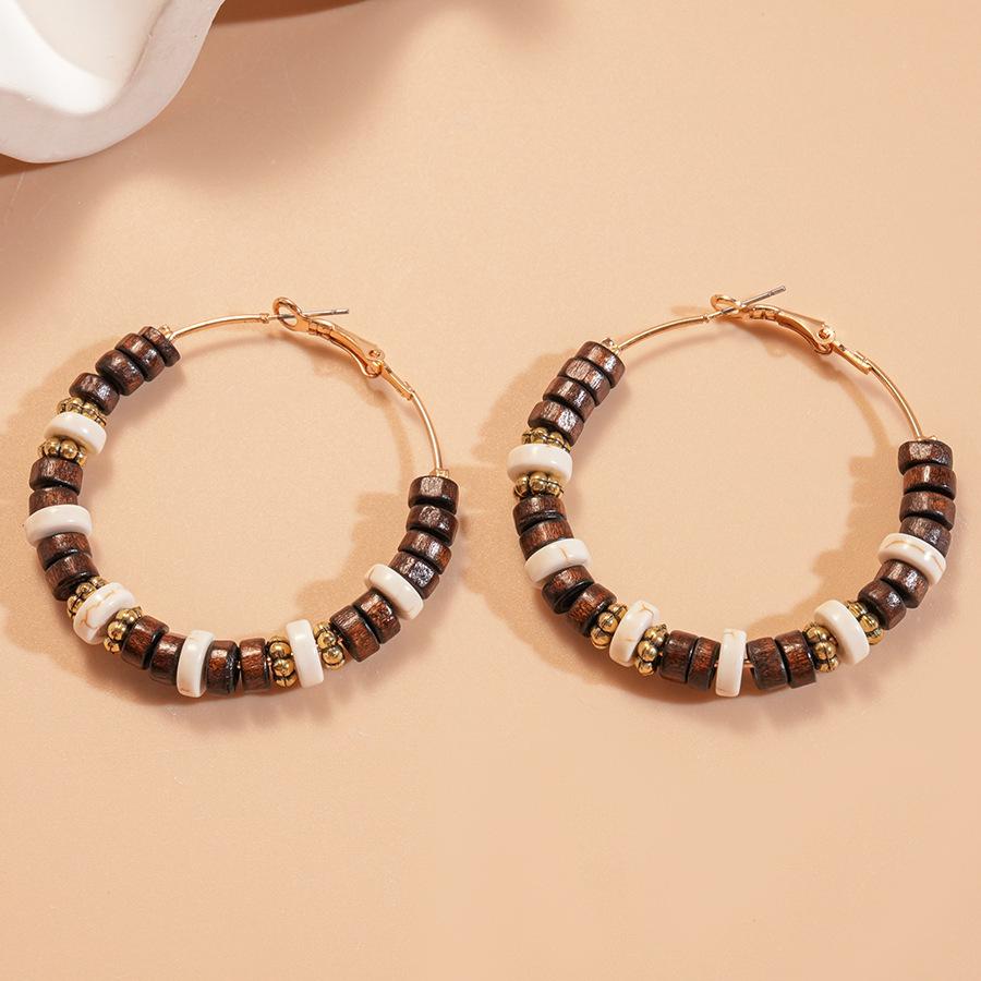 Coffee-Colored Wooden Bead Teardrop Tassel Earrings In Retro Ethnic Style