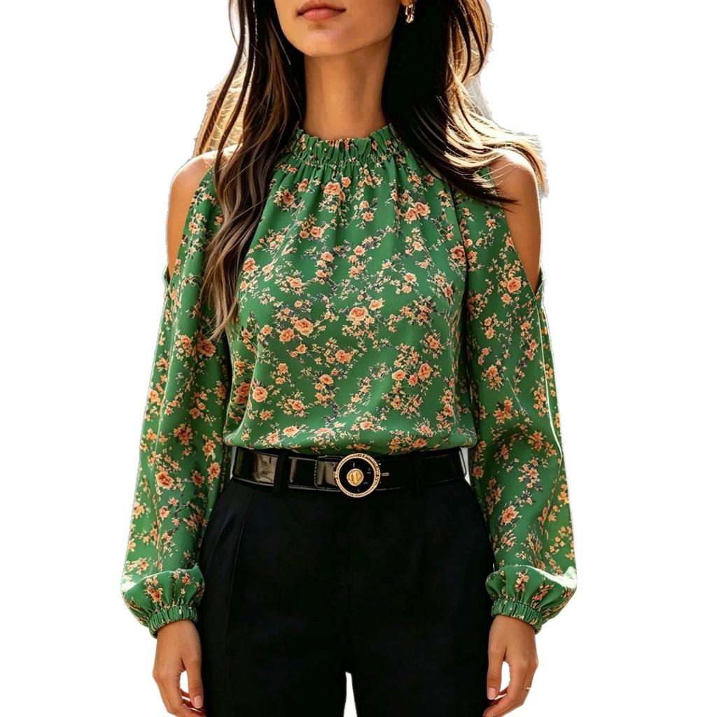 Europe, America 1116 hot sale new off-shoulder long-sleeved loose shirt printed top women