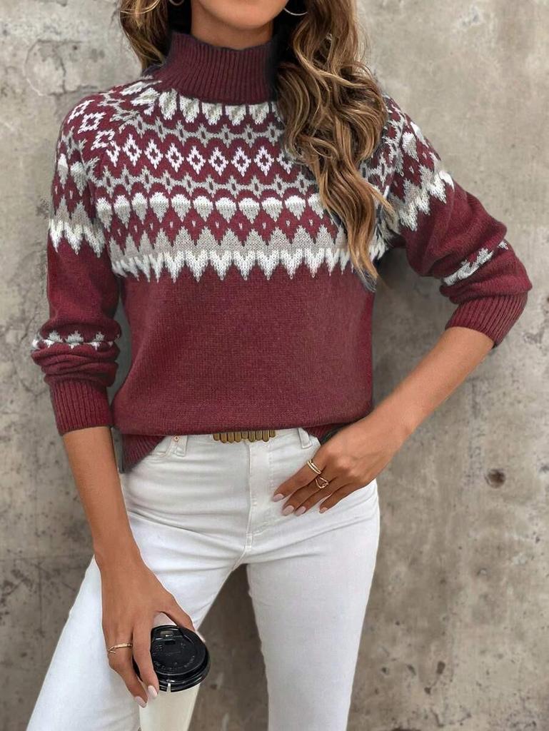 European Style High Neck Jacquard Sweater - Women's Autumn/Winter 2025 Fashion Long Sleeve Knitwear