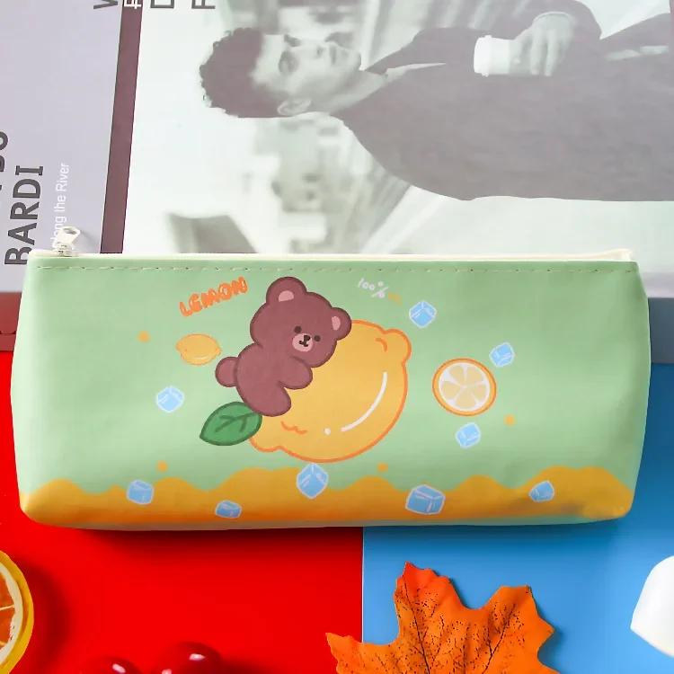 Cute Candy Color Cartoon Bear Rabbit Fruit PU Pencil Case Portable Large Capacity Stationery Storage Bag Kawaii School Supplies