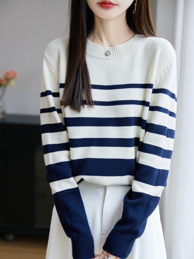 

Women s 2025 Autumn/Winter Thick Striped Cotton Sweater - 100% Cotton Round Neck Knit XL белый