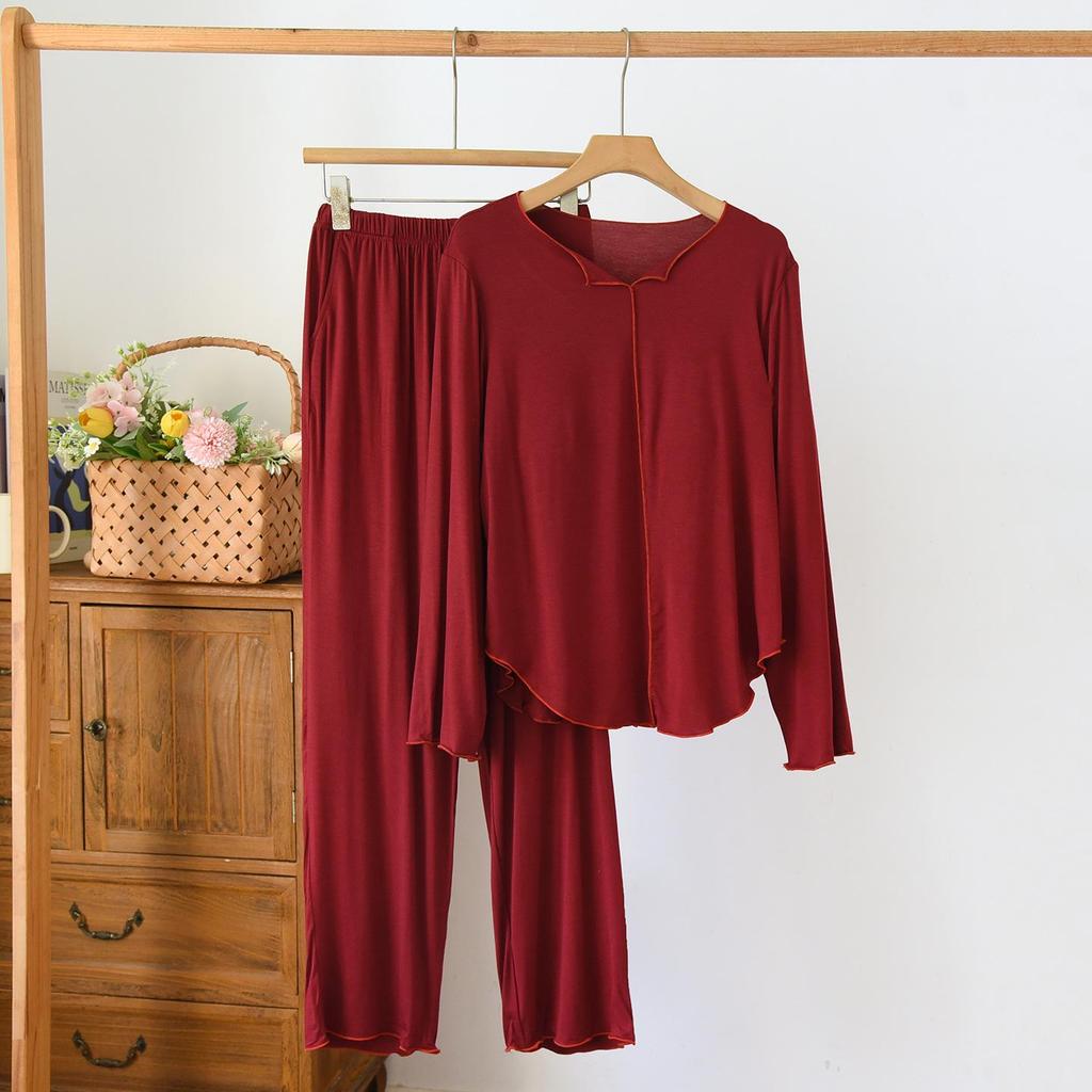 Women's Spring/Autumn Modal Pajama Set: Padded Cup, Long Sleeve, Long Pants, Side Pocket, Loose Fit - Wear Indoors or Out.